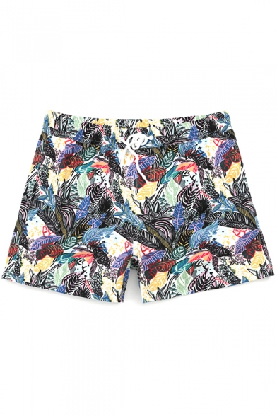 Cool Drawstring Men's Colorful Tropical Leaf Print Swim Shorts Trunks with Mesh Lining