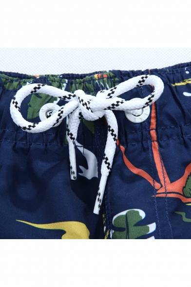 Cool Mens Navy Blue Floral Island Print Swim Trunks with Lined Side Pockets