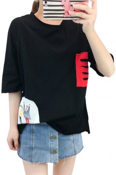 Cut Out Pocket Embellished Character Printed Applique Round Neck Short Sleeve Tee