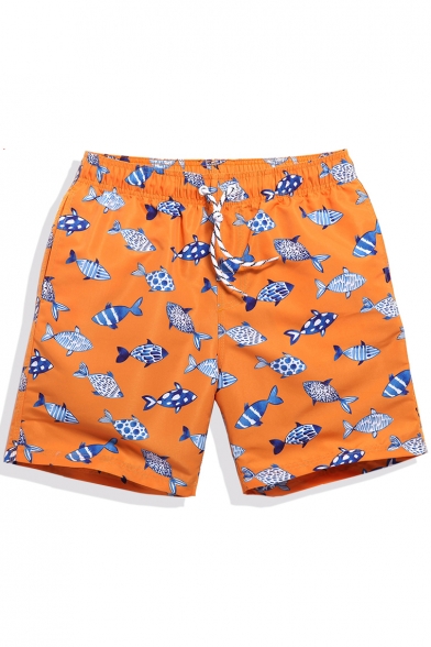 Designer Elastic Orange Fish Printed Swimming Trunks for Guys with Lined Pockets