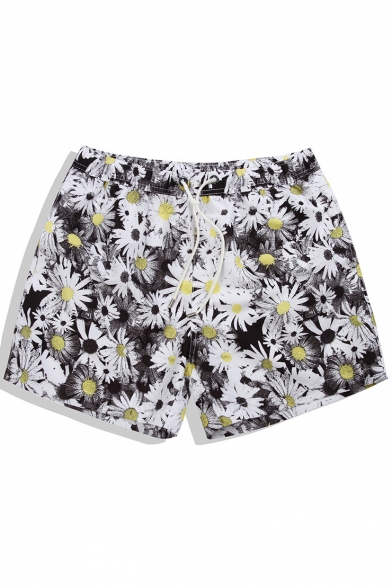 Designer Quick Drying Black Short Daisy Floral Swim Trunks with Mesh Brief
