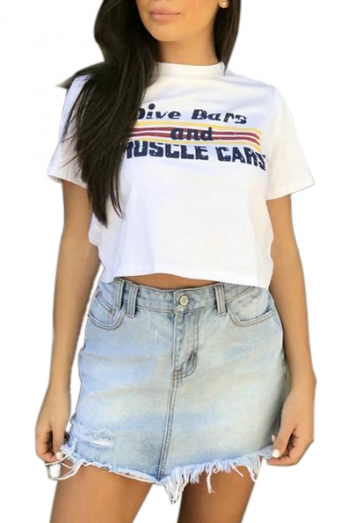 DRIVE BARS Letter Striped Printed Round Neck Short Sleeve Crop Tee