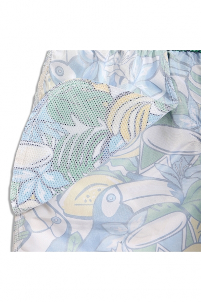 Elastic Green Floral Tropical Popular Bird Toucan Bathing Trunks Men with Mesh Lined Pockets