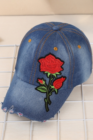 Floral Embroidered Denim Baseball Hat