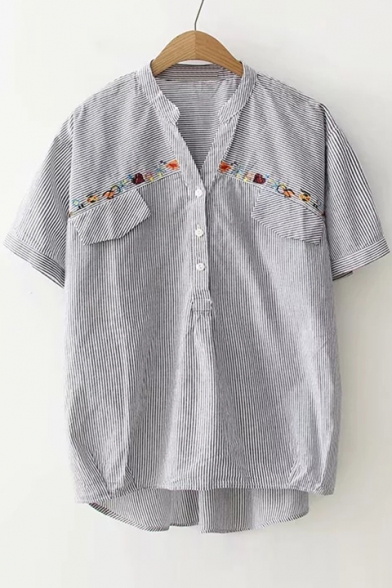 Floral Embroidered Stripes Stand Collar Short Sleeve Shirt