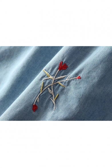 Floral Embroidered V-Neck Short Sleeve Drawstring Elastic Waist Midi Dress