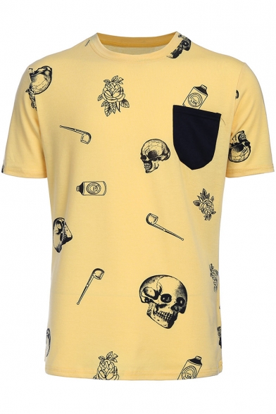 Floral Skull Print Chest Patch Pocket Round Neck Short Sleeve Tee