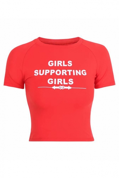 GIRLS SUPPORTING GIRLS Letter Printed Round Neck Short Sleeve Crop Tee
