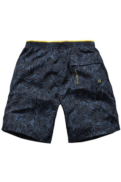 Men's Cool Elastic Black Floral Leaf Print Swim Trunks Beach Shorts with Black Liner