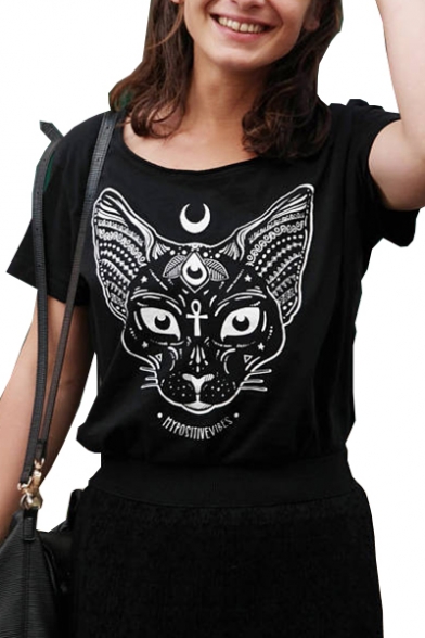 Moon Cat Letter Printed Round Neck Short Sleeve Tee