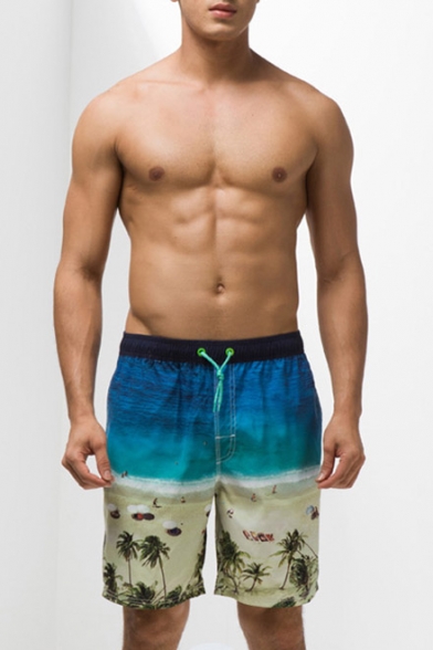 Quick Drying Elastic Blue Sea Sand Beachside Tree Swim Trunks Bathing Shorts with Pockets