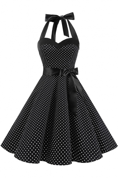 

Retro Halter Bow Tied Embellished Sleeveless Polka Dot Printed Midi A-Line Dress, LC472493, Black;red;royal blue;white;light blue