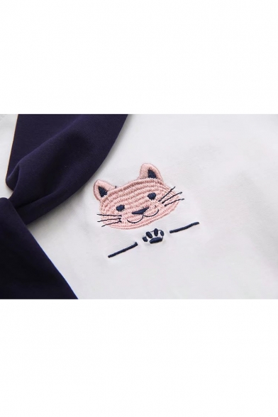 Sailor Collar Short Sleeve Cat Letter Embroidered Tee