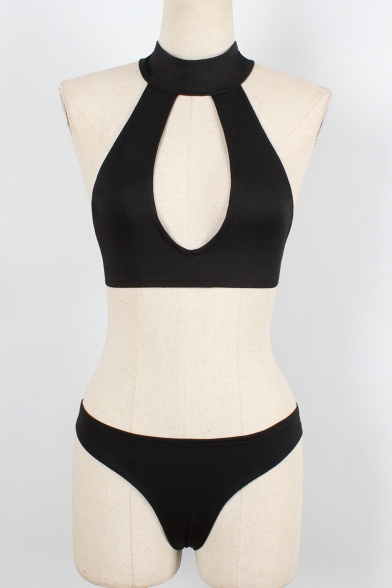 Sexy Plain Hollow Out Halter Sleeveless Bralet Co-ords