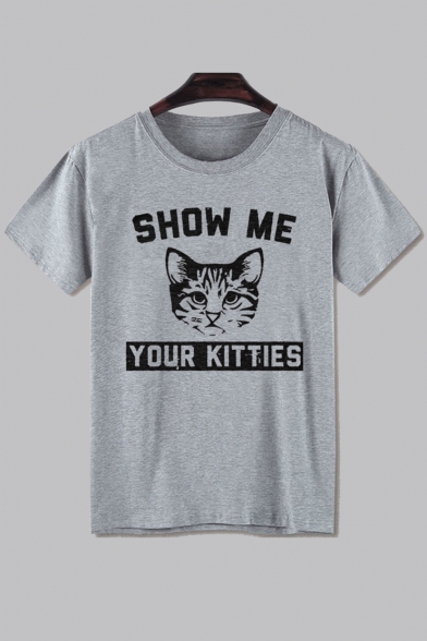 SHOW ME YOUR KITTIES Cat Printed Round Neck Short Sleeve Tee