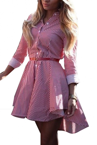 Striped Printed Lapel Collar Long Sleeve Mini Asymmetric Dress