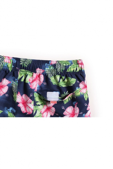 Trendy Elastic Men's Navy Blue Fast Drying Drawcord Floral Leaf Beach Shorts for Summer without Liner