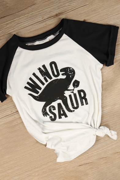 WINO Dinosaur Printed Color Block Raglan Short Sleeve Round Neck Tee