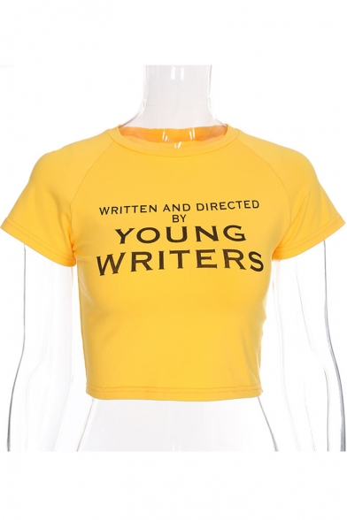 YOUNG WRITERS Letter Printed Round Neck Short Sleeve Crop Tee