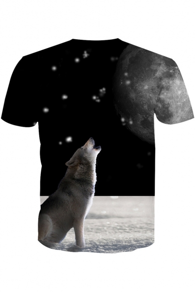 3D Moon Wolf Printed Round Neck Short Sleeve Tee