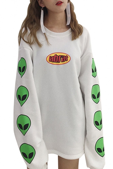 Alien Letter Printed Round Neck Long Sleeve Tunic Sweatshirt
