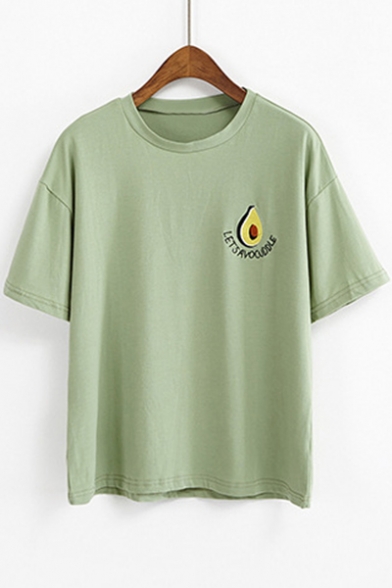 Avocado Letter Embroidered Round Neck Short Sleeve Tee