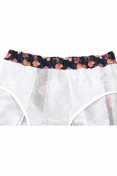 Awesome Men's Navy Blue Blossom Rose Print Swim Trunks with Mesh Brief Lining