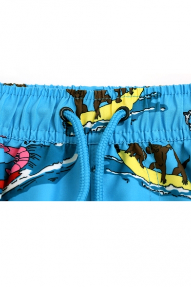 Big Mens Short Cute Monkey Shrimp Printed Quick Dry Blue Swim Trunks Bathing Shorts with Liner