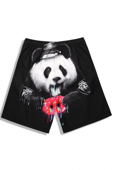 Black Classic Cop Panda Print Swim Trunks Shorts for Men with Drain Hole and Drawcord