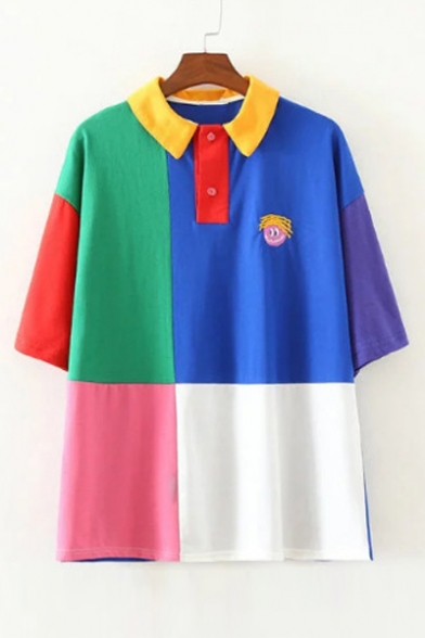 Color Block Character Embroidered Short Sleeve Loose Polo Tee