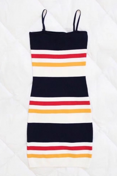 Color Block Striped Printed Spaghetti Straps Sleeveless Mini Bodycon Dress