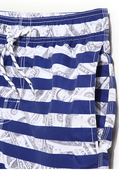 Cool Elastic Drawstring Men's Navy Blue and White Striped Money Dollar Print Swim Trunks with Pockets