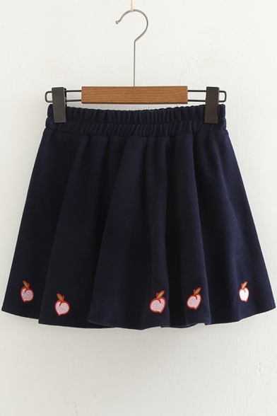 Cute Peach Embroidered Elastic Waist Mini A-Line Skirt