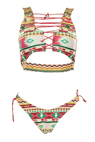 Fashionable Printed Hollow Out Lace Up Front Sleeveless Bikini