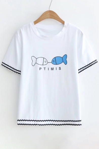 Fish Letter Printed Contrast Braid Round Neck Short Sleeve Tee