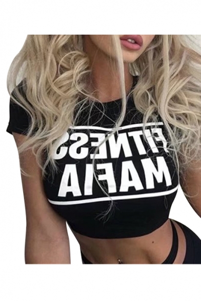 FITNESS Letter Printed Round Neck Short Sleeve Crop Tee