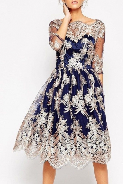 Floral Embroidered Mesh Insert Half Sleeve Midi A-Line Dress