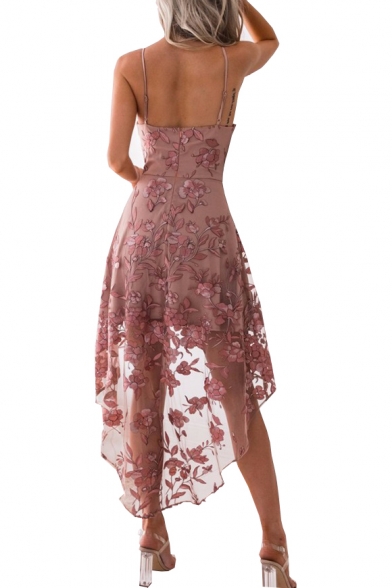 Floral Embroidered Mesh Insert Spaghetti Straps Sleeveless Midi Asymmetric Hem Dress