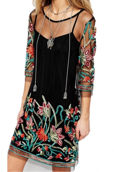 

Floral Embroidered Round Neck 3/4 Length Sleeve Mini A-Line Sheer Mesh Dress, LC472794