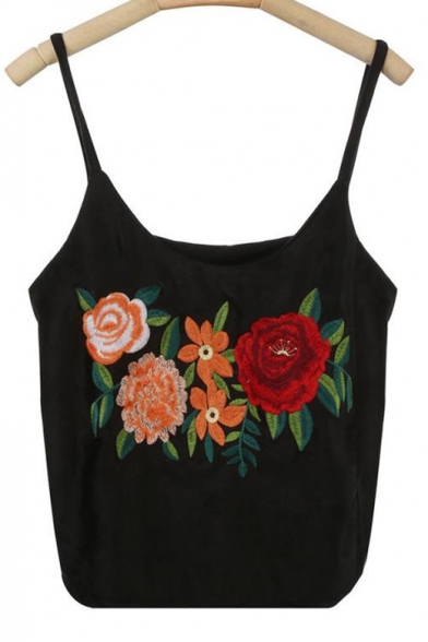 Floral Embroidered Spaghetti Straps Sleeveless Crop Cami