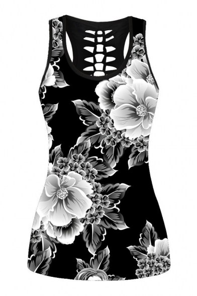 Floral Printed Sleeveless Hollow Out Back Tank