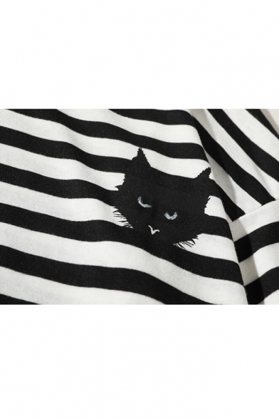 Leisure Cat Printed Round Neck Short Sleeve Striped Tee