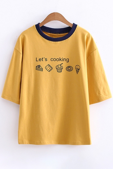 

LET'S LOOKING Cake Ice Cream Printed Contrast Round Neck Short Sleeve Tee, White;ginger