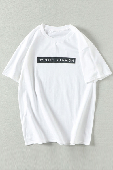 Letter Plane Printed Round Neck Short Sleeve Tee