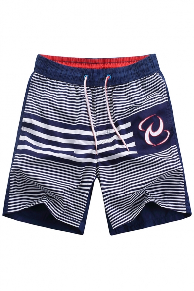 New Navy Blue and White Big and Tall Male Striped Print Swim Trunks Bathing Suit with Back Flap Pockets