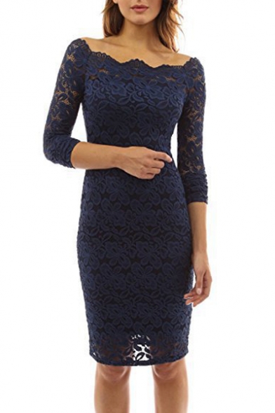 

Off The Shoulder Long Sleeve Plain Slim Midi Pencil Lace Dress, Black;blue;burgundy;green;pink;white;light purple;dark purple;navy, LC473324