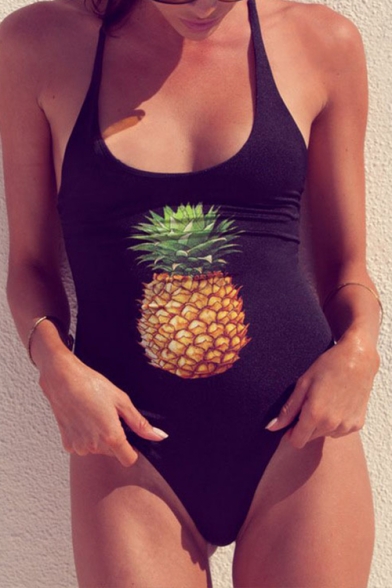 Pineapple Printed Hollow Out Back Sleeveless One Piece Swimwear