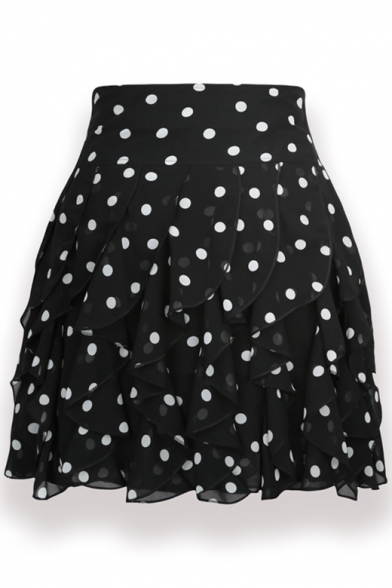 Polka Dot Printed Elastic Waist Mini Chiffon Skirt
