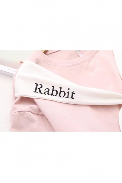 Rabbit Letter Embroidered Round Neck Short Sleeve Tied Front Tee