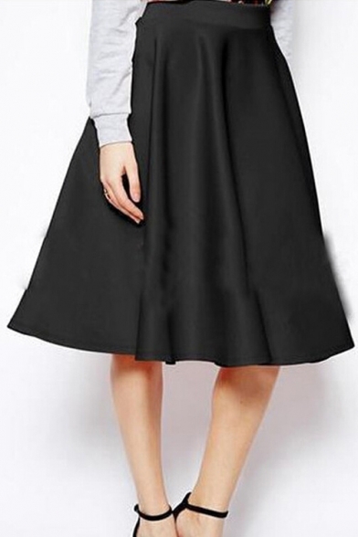Retro Classic Plain Midi A-Line Skirt